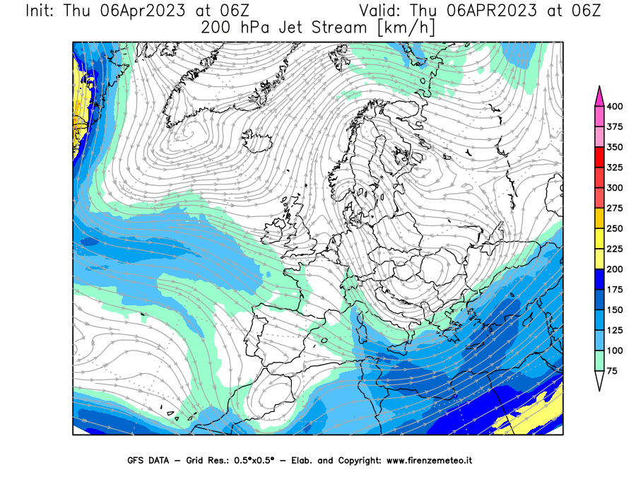 Mappa di analisi GFS - Jet Stream a 200 hPa in Europa
							del 06/04/2023 06 <!--googleoff: index-->UTC<!--googleon: index-->