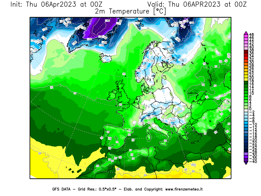 Mappa di analisi GFS - Temperatura a 2 metri dal suolo [°C] in Europa
							del 06/04/2023 00 <!--googleoff: index-->UTC<!--googleon: index-->