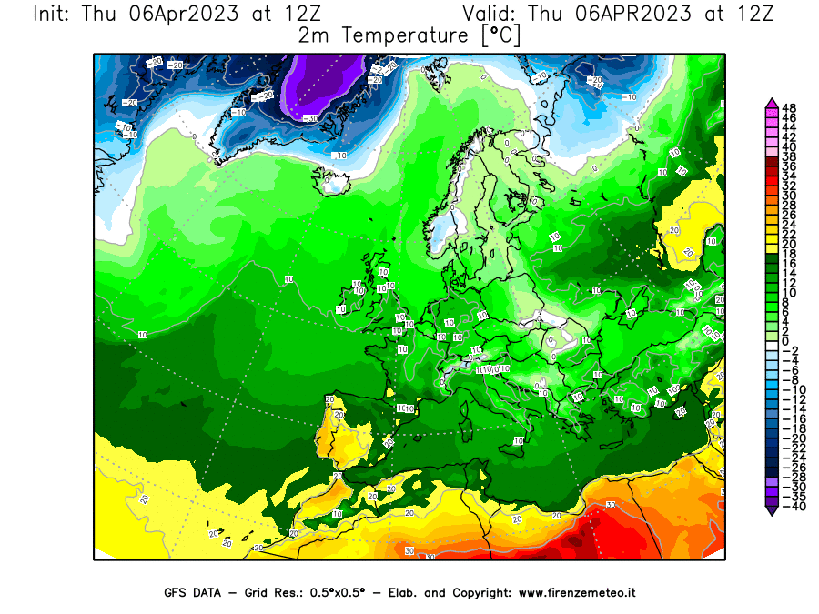 Mappa di analisi GFS - Temperatura a 2 metri dal suolo [°C] in Europa
							del 06/04/2023 12 <!--googleoff: index-->UTC<!--googleon: index-->