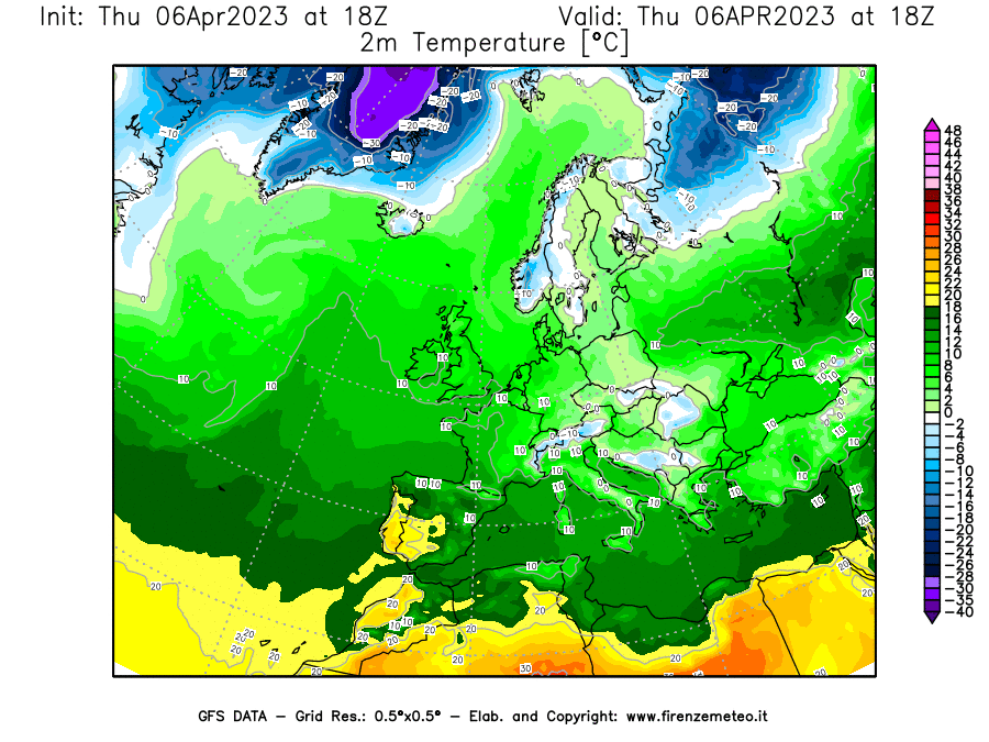 Mappa di analisi GFS - Temperatura a 2 metri dal suolo [°C] in Europa
							del 06/04/2023 18 <!--googleoff: index-->UTC<!--googleon: index-->