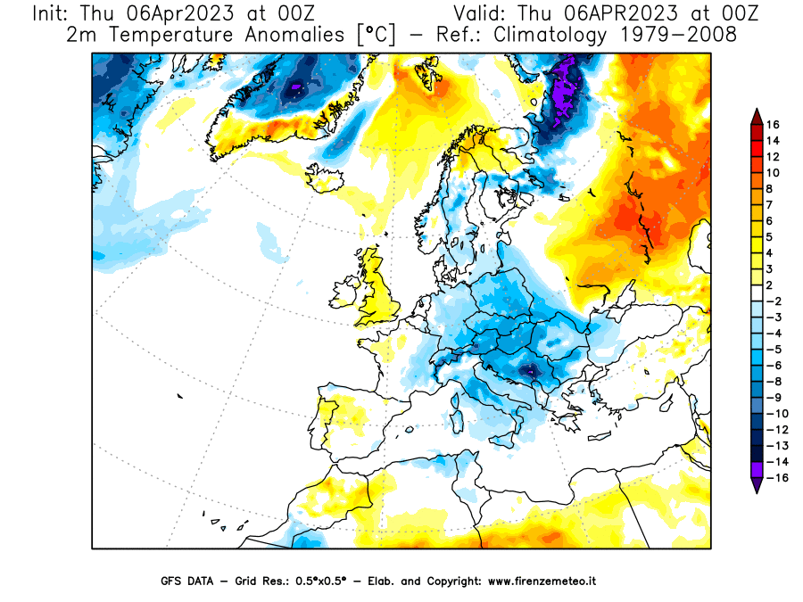 Mappa di analisi GFS - Anomalia Temperatura [°C] a 2 m in Europa
							del 06/04/2023 00 <!--googleoff: index-->UTC<!--googleon: index-->
