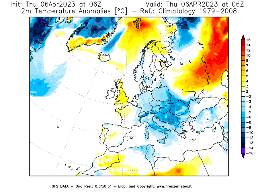Mappa di analisi GFS - Anomalia Temperatura [°C] a 2 m in Europa
							del 06/04/2023 06 <!--googleoff: index-->UTC<!--googleon: index-->