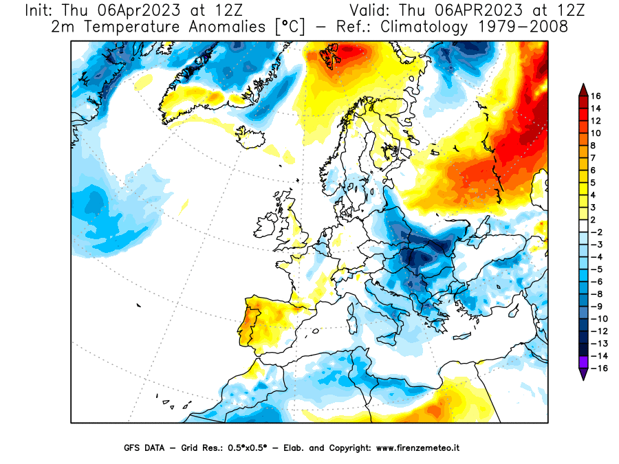 Mappa di analisi GFS - Anomalia Temperatura [°C] a 2 m in Europa
							del 06/04/2023 12 <!--googleoff: index-->UTC<!--googleon: index-->