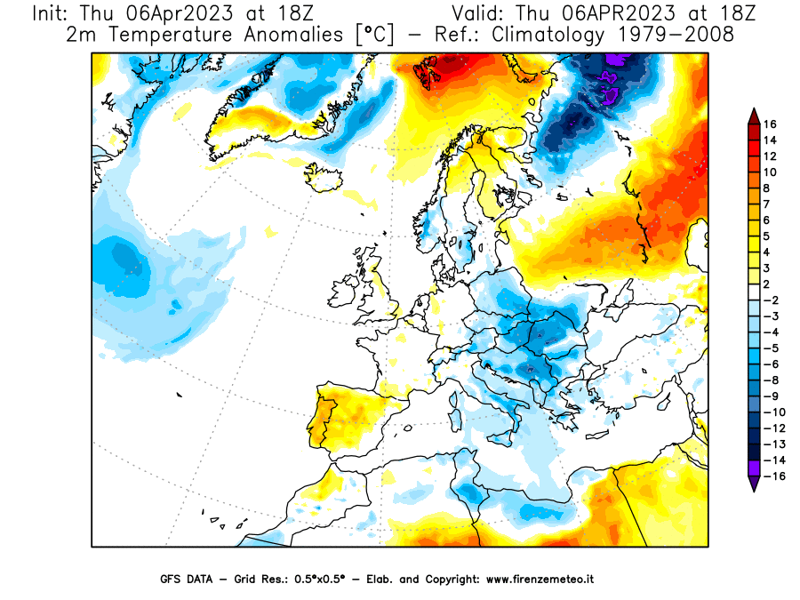 Mappa di analisi GFS - Anomalia Temperatura [°C] a 2 m in Europa
							del 06/04/2023 18 <!--googleoff: index-->UTC<!--googleon: index-->