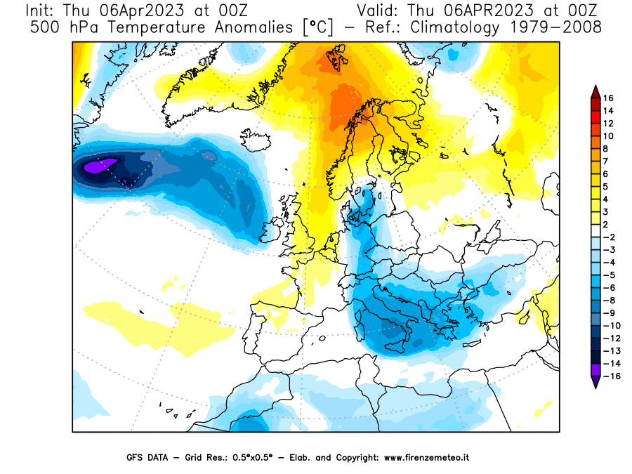 Mappa di analisi GFS - Anomalia Temperatura [°C] a 500 hPa in Europa
							del 06/04/2023 00 <!--googleoff: index-->UTC<!--googleon: index-->