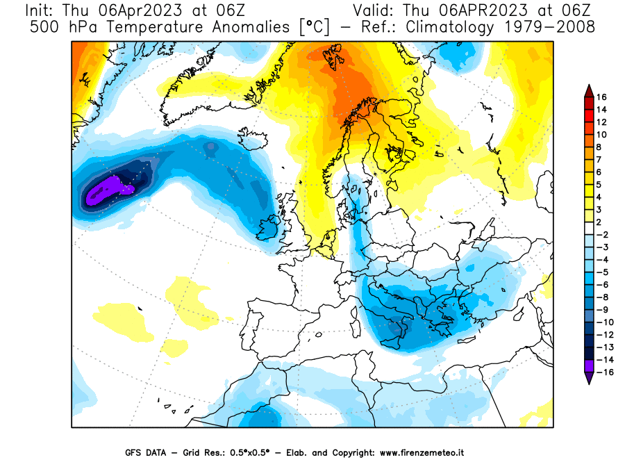 Mappa di analisi GFS - Anomalia Temperatura [°C] a 500 hPa in Europa
							del 06/04/2023 06 <!--googleoff: index-->UTC<!--googleon: index-->