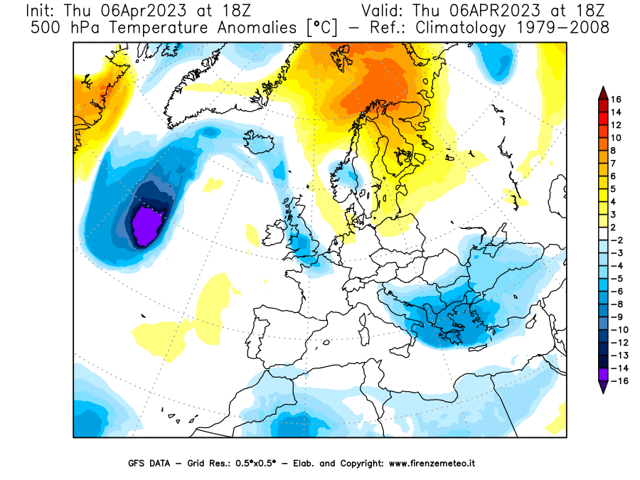 Mappa di analisi GFS - Anomalia Temperatura [°C] a 500 hPa in Europa
							del 06/04/2023 18 <!--googleoff: index-->UTC<!--googleon: index-->