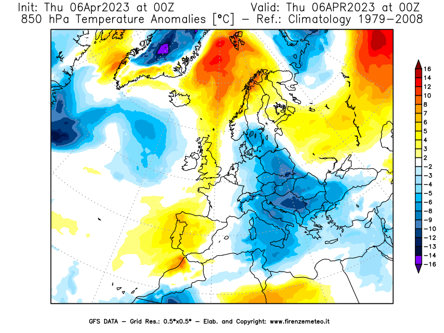 Mappa di analisi GFS - Anomalia Temperatura [°C] a 850 hPa in Europa
							del 06/04/2023 00 <!--googleoff: index-->UTC<!--googleon: index-->