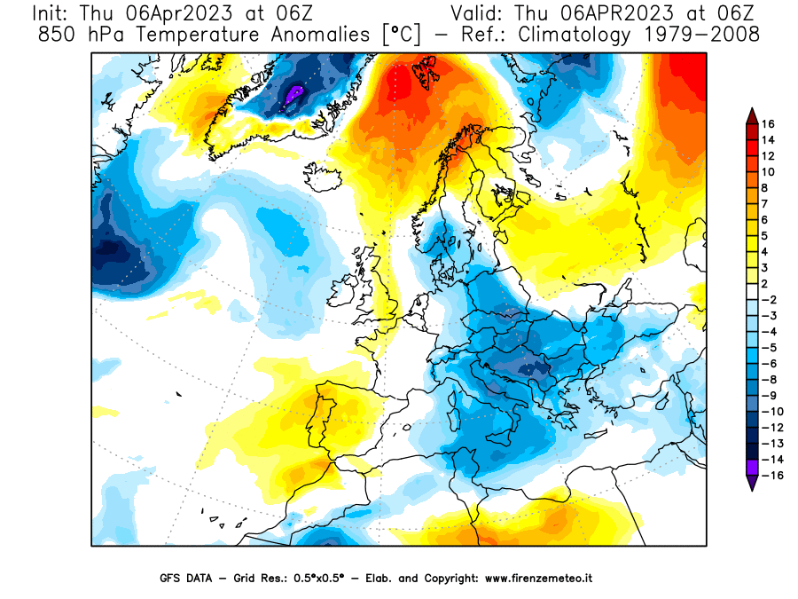 Mappa di analisi GFS - Anomalia Temperatura [°C] a 850 hPa in Europa
							del 06/04/2023 06 <!--googleoff: index-->UTC<!--googleon: index-->