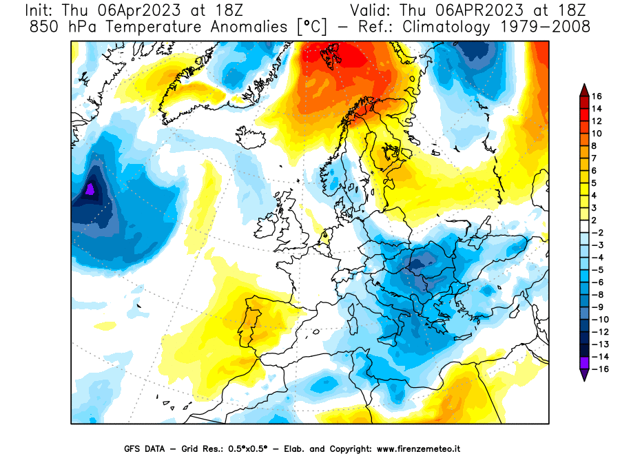 Mappa di analisi GFS - Anomalia Temperatura [°C] a 850 hPa in Europa
							del 06/04/2023 18 <!--googleoff: index-->UTC<!--googleon: index-->