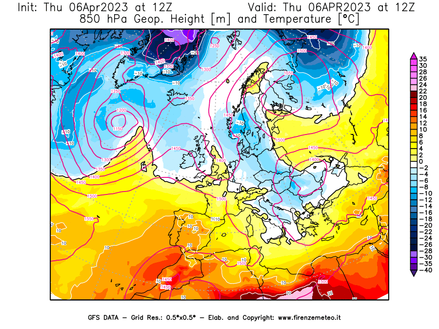 Mappa di analisi GFS - Geopotenziale [m] e Temperatura [°C] a 850 hPa in Europa
							del 06/04/2023 12 <!--googleoff: index-->UTC<!--googleon: index-->