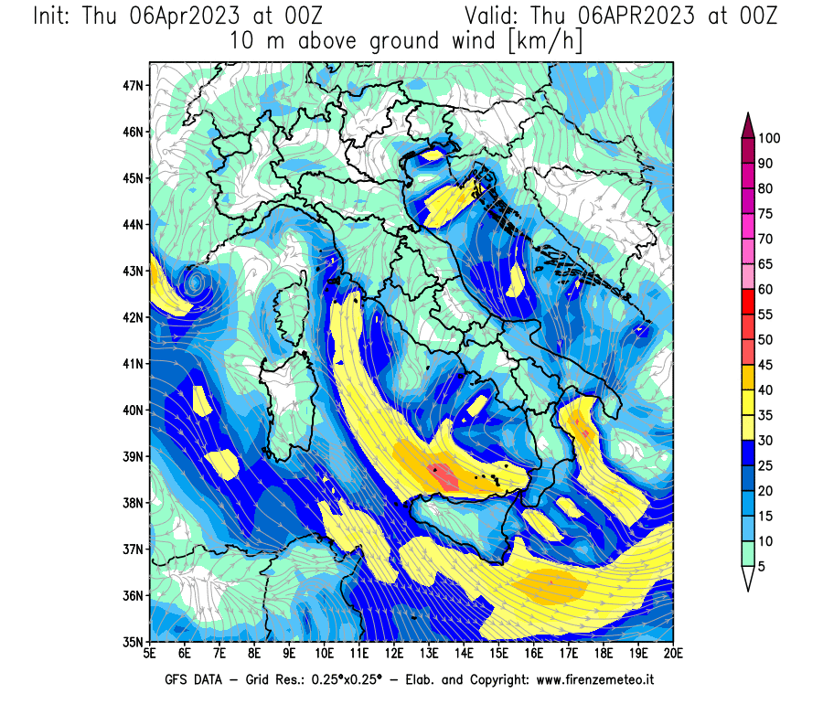 Mappa di analisi GFS - Velocità del vento a 10 metri dal suolo [km/h] in Italia
							del 06/04/2023 00 <!--googleoff: index-->UTC<!--googleon: index-->