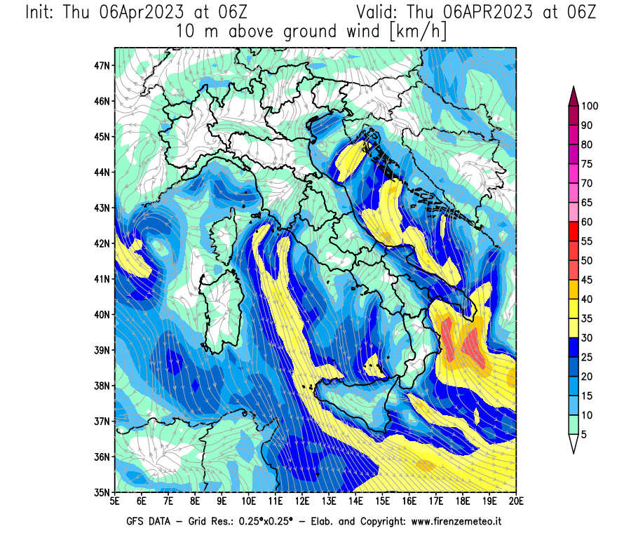 Mappa di analisi GFS - Velocità del vento a 10 metri dal suolo [km/h] in Italia
							del 06/04/2023 06 <!--googleoff: index-->UTC<!--googleon: index-->