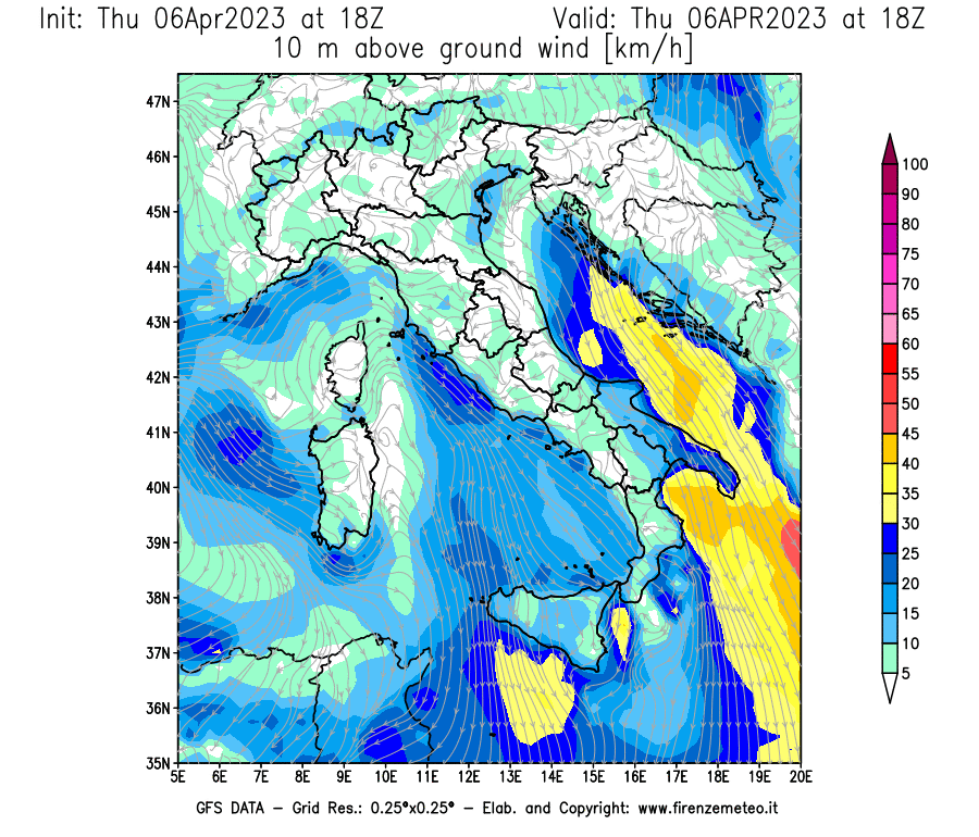 Mappa di analisi GFS - Velocità del vento a 10 metri dal suolo [km/h] in Italia
							del 06/04/2023 18 <!--googleoff: index-->UTC<!--googleon: index-->