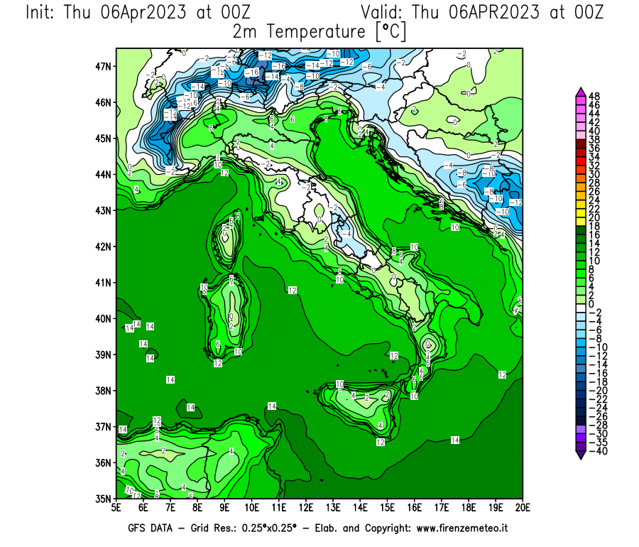 Mappa di analisi GFS - Temperatura a 2 metri dal suolo [°C] in Italia
							del 06/04/2023 00 <!--googleoff: index-->UTC<!--googleon: index-->