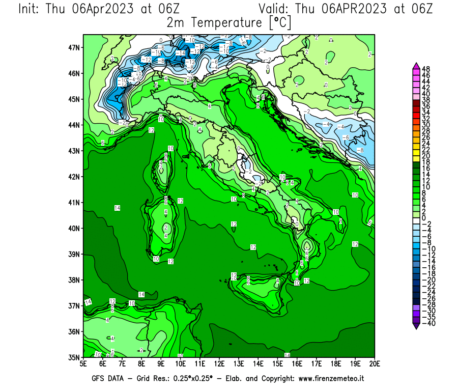 Mappa di analisi GFS - Temperatura a 2 metri dal suolo [°C] in Italia
							del 06/04/2023 06 <!--googleoff: index-->UTC<!--googleon: index-->