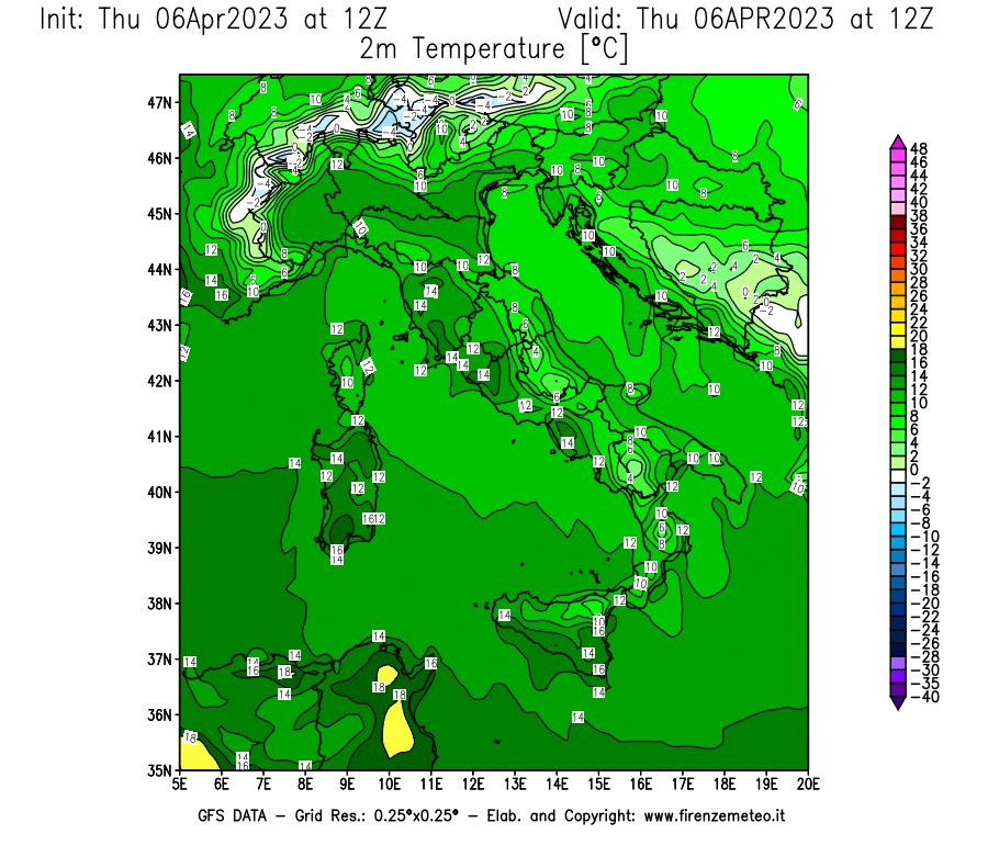Mappa di analisi GFS - Temperatura a 2 metri dal suolo [°C] in Italia
							del 06/04/2023 12 <!--googleoff: index-->UTC<!--googleon: index-->