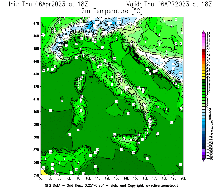 Mappa di analisi GFS - Temperatura a 2 metri dal suolo [°C] in Italia
							del 06/04/2023 18 <!--googleoff: index-->UTC<!--googleon: index-->