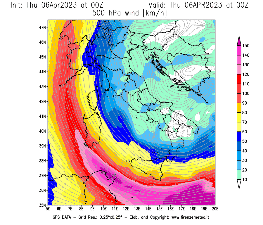 Mappa di analisi GFS - Velocità del vento a 500 hPa [km/h] in Italia
							del 06/04/2023 00 <!--googleoff: index-->UTC<!--googleon: index-->