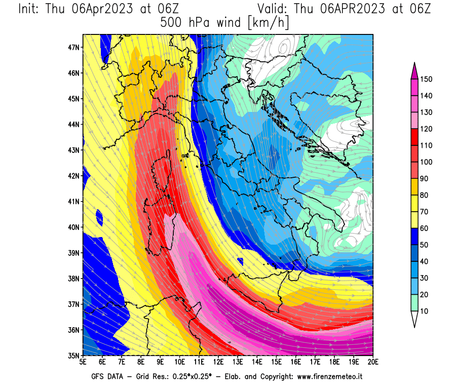 Mappa di analisi GFS - Velocità del vento a 500 hPa [km/h] in Italia
							del 06/04/2023 06 <!--googleoff: index-->UTC<!--googleon: index-->