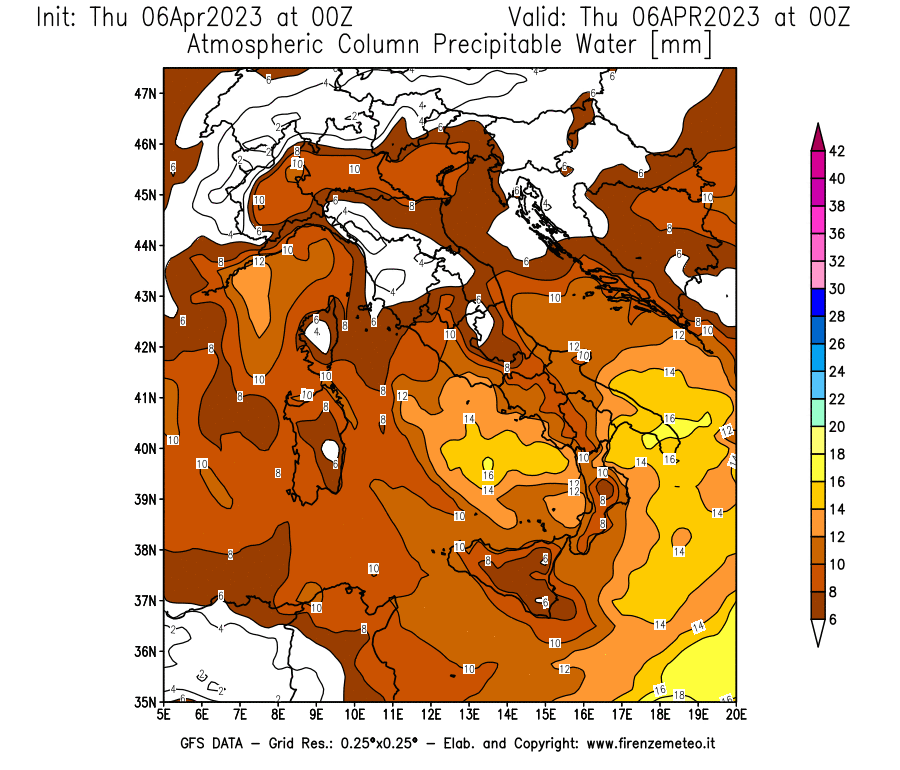 Mappa di analisi GFS - Precipitable Water [mm] in Italia
							del 06/04/2023 00 <!--googleoff: index-->UTC<!--googleon: index-->