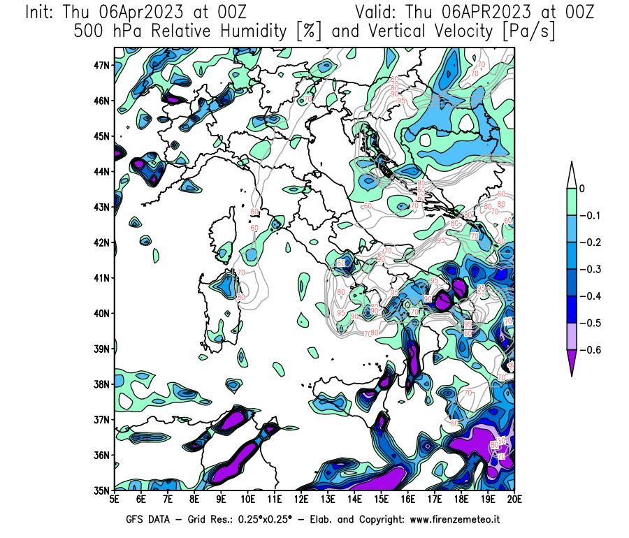 Mappa di analisi GFS - Umidità relativa [%] e Omega [Pa/s] a 500 hPa in Italia
							del 06/04/2023 00 <!--googleoff: index-->UTC<!--googleon: index-->