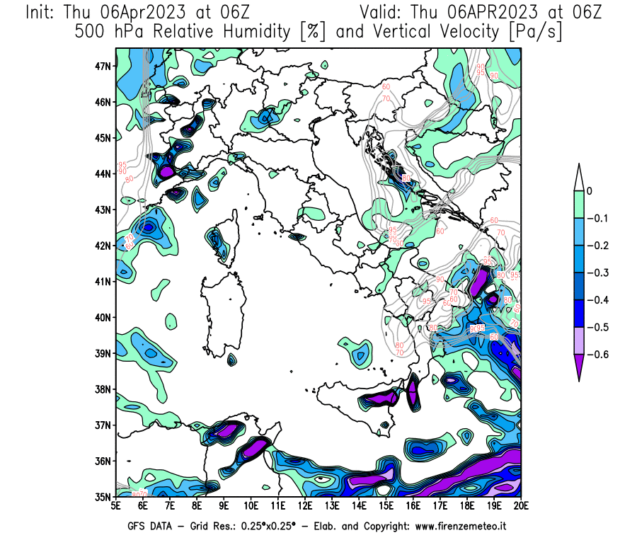 Mappa di analisi GFS - Umidità relativa [%] e Omega [Pa/s] a 500 hPa in Italia
							del 06/04/2023 06 <!--googleoff: index-->UTC<!--googleon: index-->