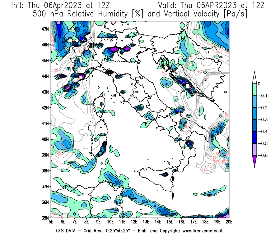 Mappa di analisi GFS - Umidità relativa [%] e Omega [Pa/s] a 500 hPa in Italia
							del 06/04/2023 12 <!--googleoff: index-->UTC<!--googleon: index-->