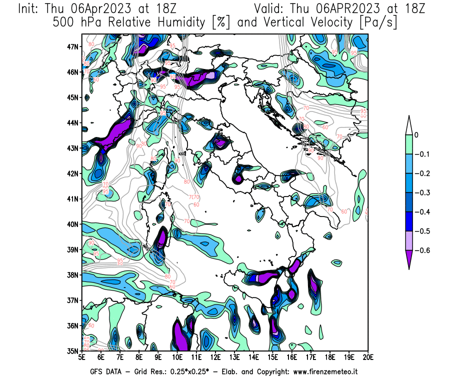 Mappa di analisi GFS - Umidità relativa [%] e Omega [Pa/s] a 500 hPa in Italia
							del 06/04/2023 18 <!--googleoff: index-->UTC<!--googleon: index-->