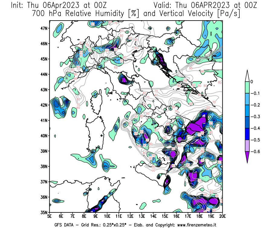 Mappa di analisi GFS - Umidità relativa [%] e Omega [Pa/s] a 700 hPa in Italia
							del 06/04/2023 00 <!--googleoff: index-->UTC<!--googleon: index-->