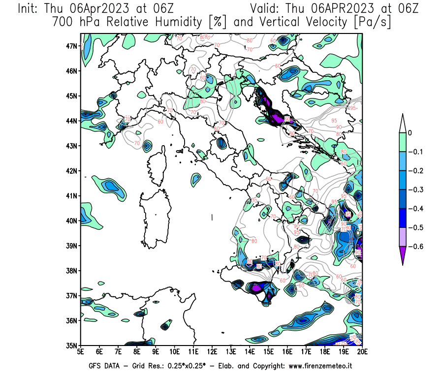 Mappa di analisi GFS - Umidità relativa [%] e Omega [Pa/s] a 700 hPa in Italia
							del 06/04/2023 06 <!--googleoff: index-->UTC<!--googleon: index-->