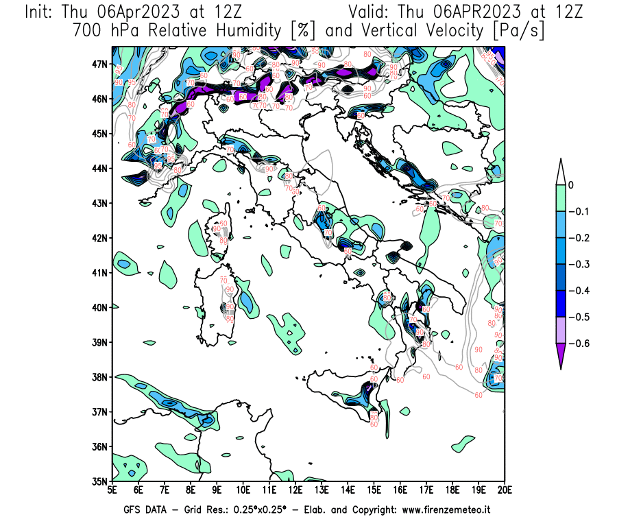 Mappa di analisi GFS - Umidità relativa [%] e Omega [Pa/s] a 700 hPa in Italia
							del 06/04/2023 12 <!--googleoff: index-->UTC<!--googleon: index-->