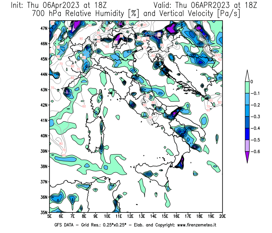 Mappa di analisi GFS - Umidità relativa [%] e Omega [Pa/s] a 700 hPa in Italia
							del 06/04/2023 18 <!--googleoff: index-->UTC<!--googleon: index-->