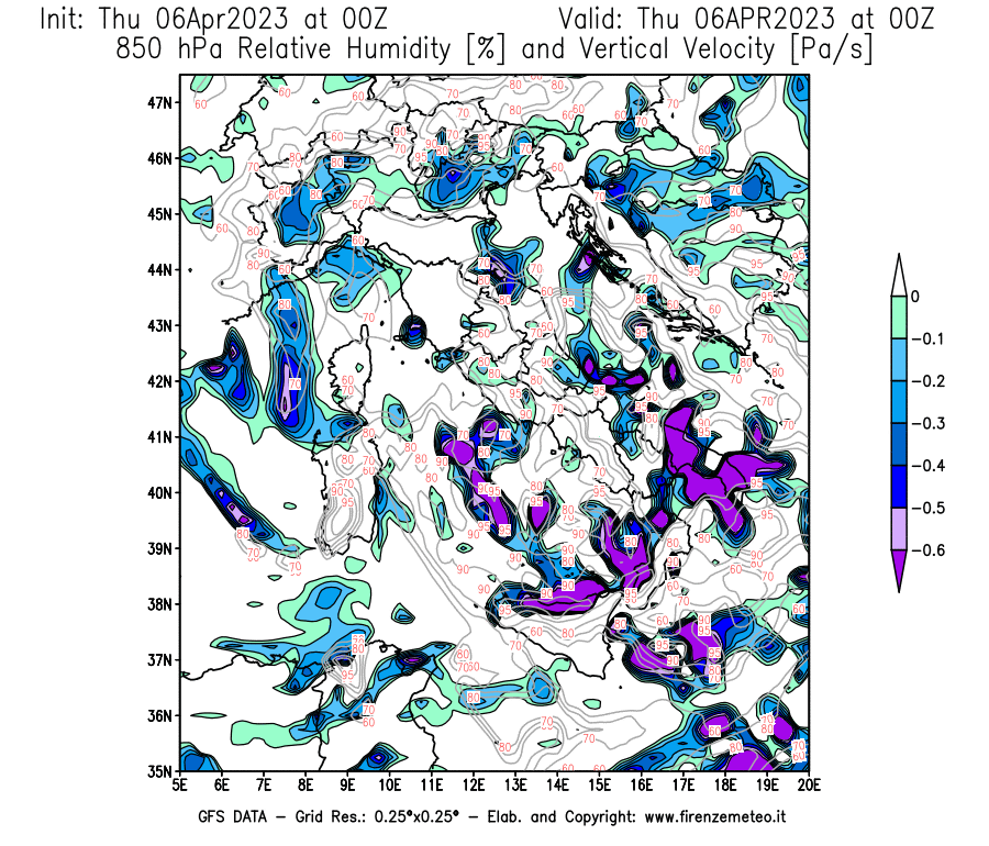 Mappa di analisi GFS - Umidità relativa [%] e Omega [Pa/s] a 850 hPa in Italia
							del 06/04/2023 00 <!--googleoff: index-->UTC<!--googleon: index-->