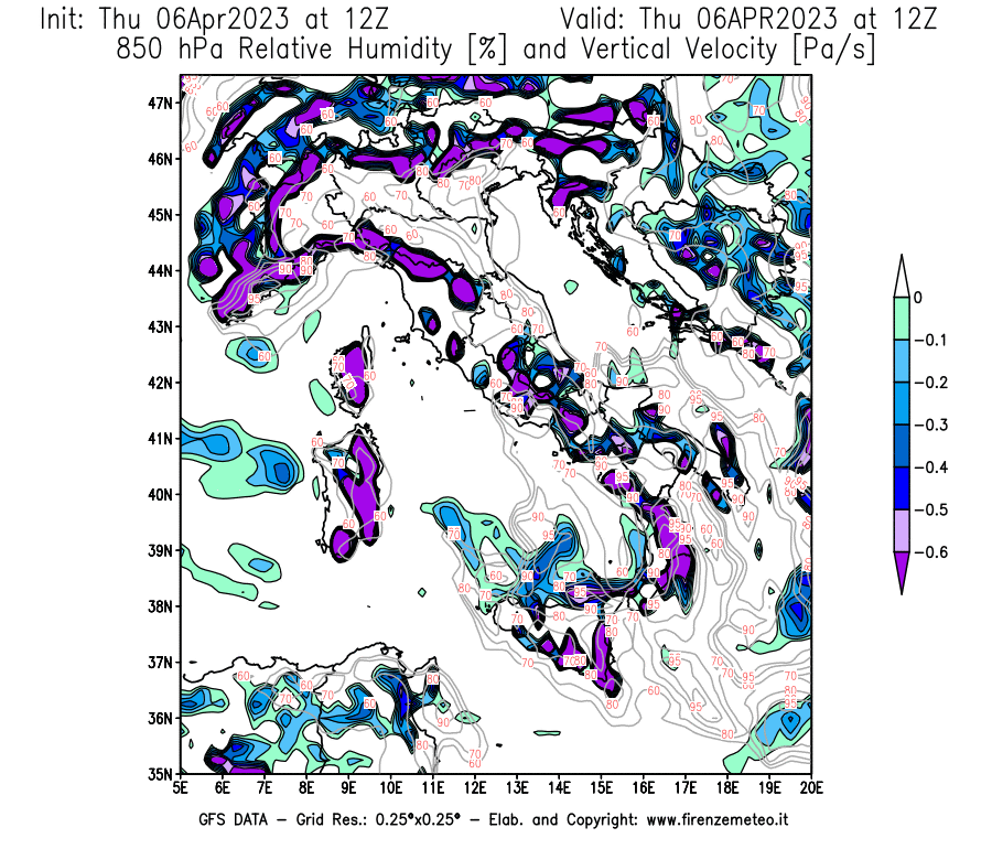 Mappa di analisi GFS - Umidità relativa [%] e Omega [Pa/s] a 850 hPa in Italia
							del 06/04/2023 12 <!--googleoff: index-->UTC<!--googleon: index-->