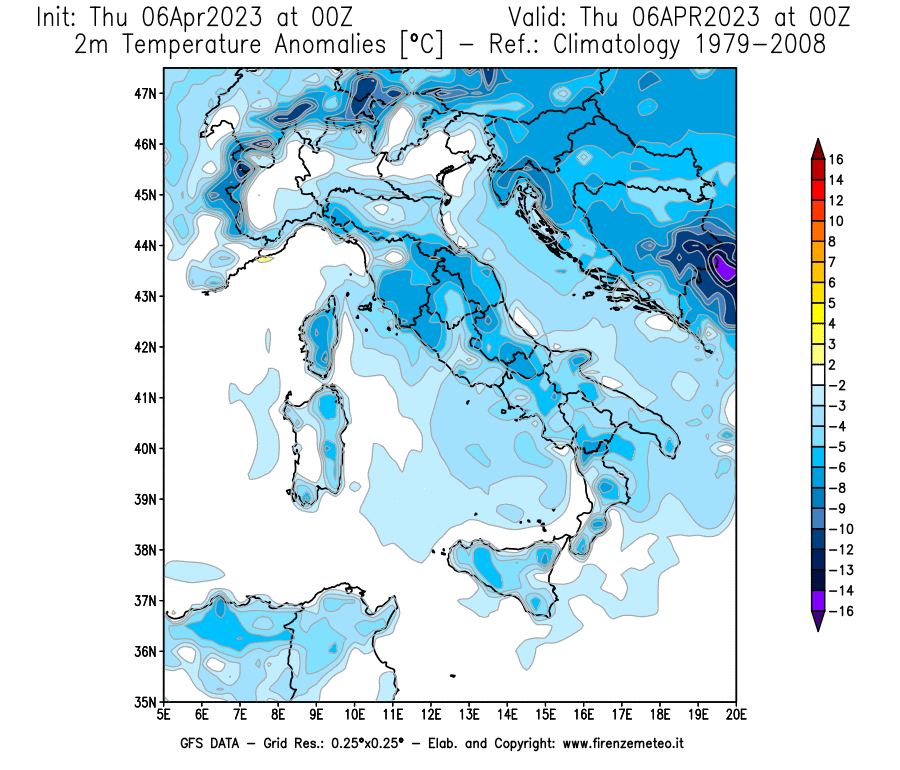 Mappa di analisi GFS - Anomalia Temperatura [°C] a 2 m in Italia
							del 06/04/2023 00 <!--googleoff: index-->UTC<!--googleon: index-->