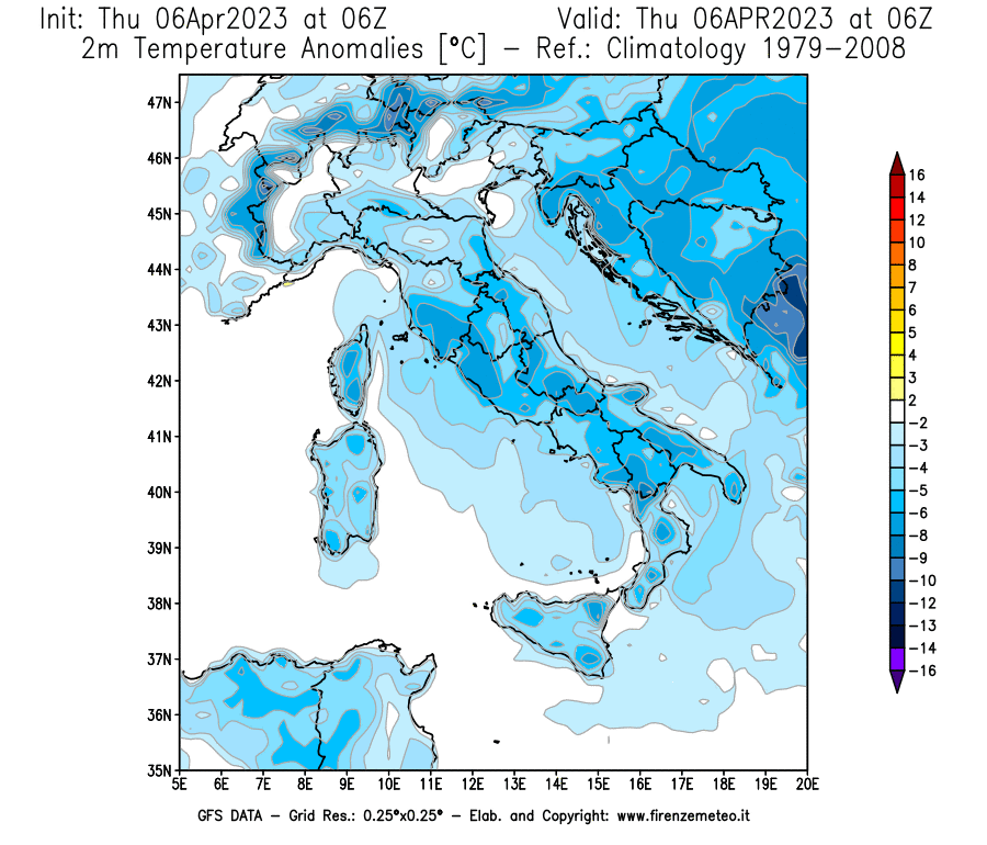 Mappa di analisi GFS - Anomalia Temperatura [°C] a 2 m in Italia
							del 06/04/2023 06 <!--googleoff: index-->UTC<!--googleon: index-->
