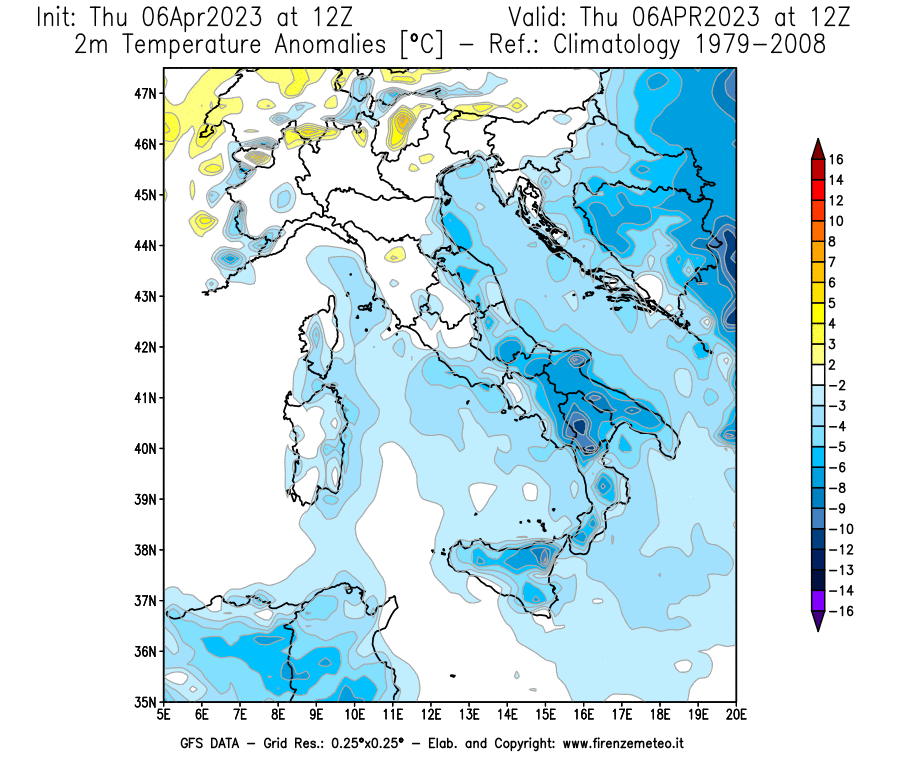 Mappa di analisi GFS - Anomalia Temperatura [°C] a 2 m in Italia
							del 06/04/2023 12 <!--googleoff: index-->UTC<!--googleon: index-->