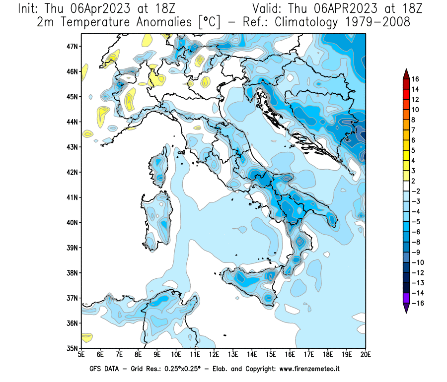 Mappa di analisi GFS - Anomalia Temperatura [°C] a 2 m in Italia
							del 06/04/2023 18 <!--googleoff: index-->UTC<!--googleon: index-->