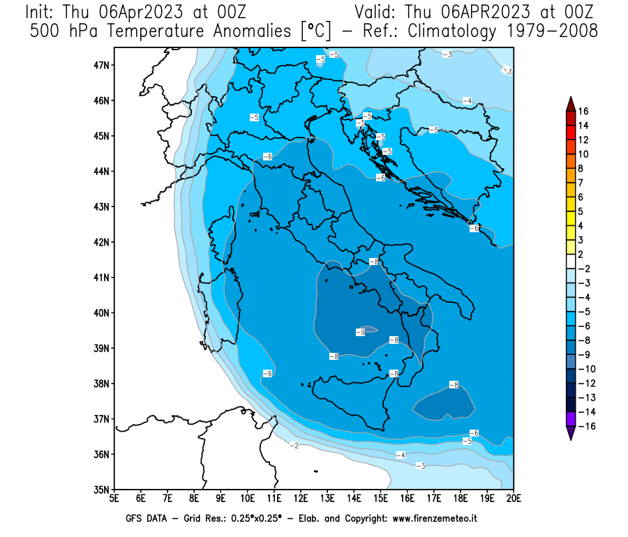 Mappa di analisi GFS - Anomalia Temperatura [°C] a 500 hPa in Italia
							del 06/04/2023 00 <!--googleoff: index-->UTC<!--googleon: index-->