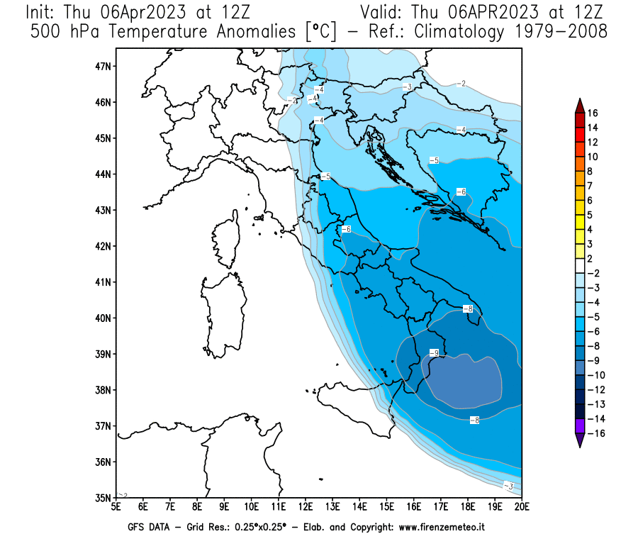 Mappa di analisi GFS - Anomalia Temperatura [°C] a 500 hPa in Italia
							del 06/04/2023 12 <!--googleoff: index-->UTC<!--googleon: index-->
