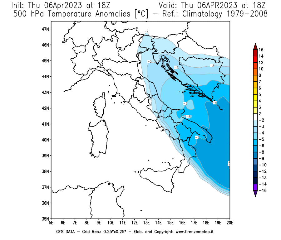 Mappa di analisi GFS - Anomalia Temperatura [°C] a 500 hPa in Italia
							del 06/04/2023 18 <!--googleoff: index-->UTC<!--googleon: index-->