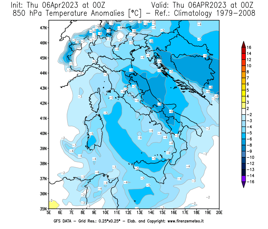 Mappa di analisi GFS - Anomalia Temperatura [°C] a 850 hPa in Italia
							del 06/04/2023 00 <!--googleoff: index-->UTC<!--googleon: index-->