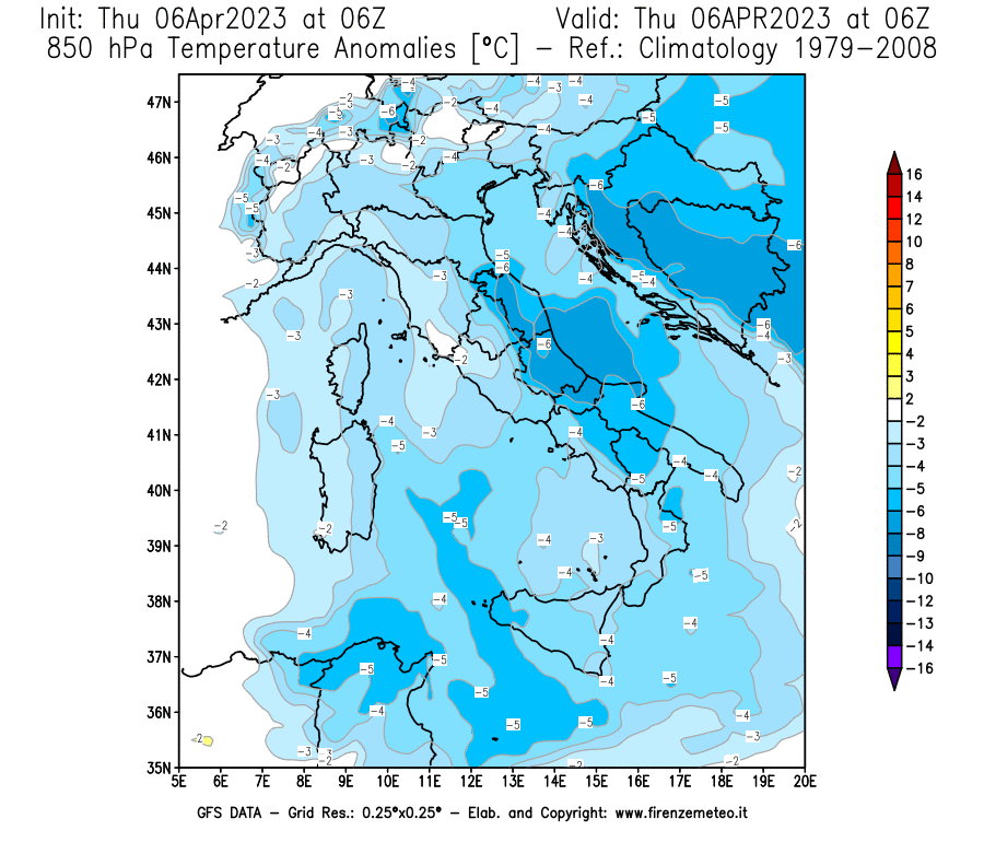 Mappa di analisi GFS - Anomalia Temperatura [°C] a 850 hPa in Italia
							del 06/04/2023 06 <!--googleoff: index-->UTC<!--googleon: index-->