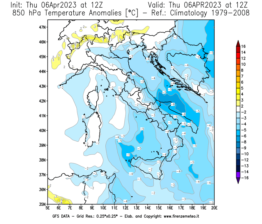 Mappa di analisi GFS - Anomalia Temperatura [°C] a 850 hPa in Italia
							del 06/04/2023 12 <!--googleoff: index-->UTC<!--googleon: index-->