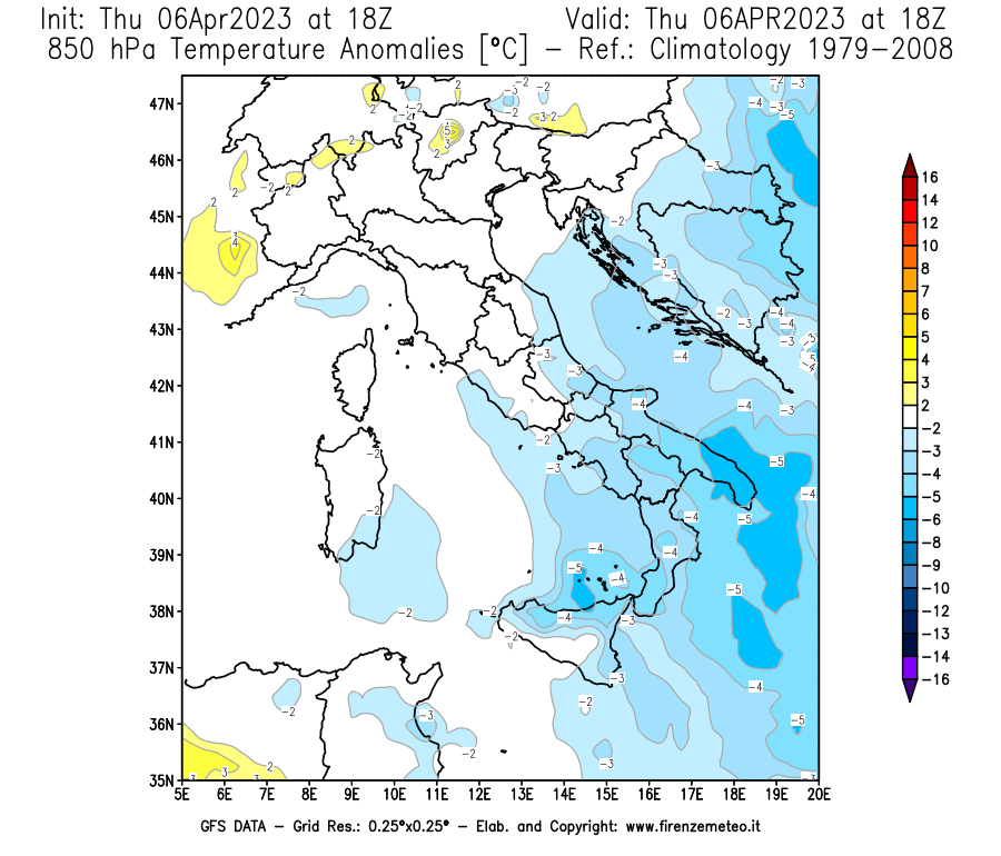 Mappa di analisi GFS - Anomalia Temperatura [°C] a 850 hPa in Italia
							del 06/04/2023 18 <!--googleoff: index-->UTC<!--googleon: index-->