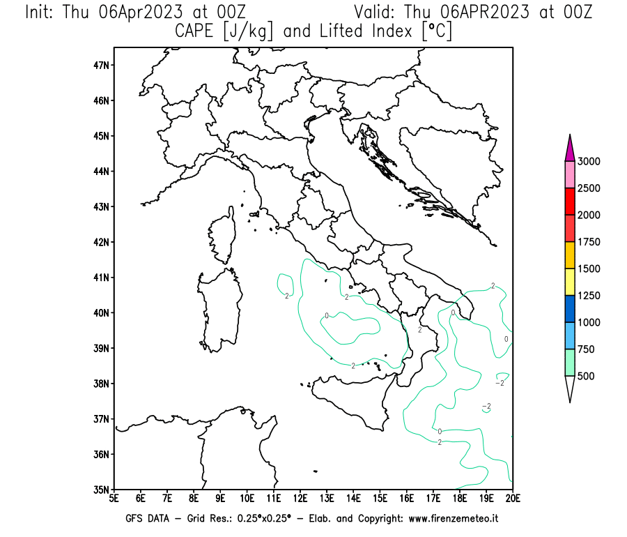 Mappa di analisi GFS - CAPE [J/kg] e Lifted Index [°C] in Italia
							del 06/04/2023 00 <!--googleoff: index-->UTC<!--googleon: index-->