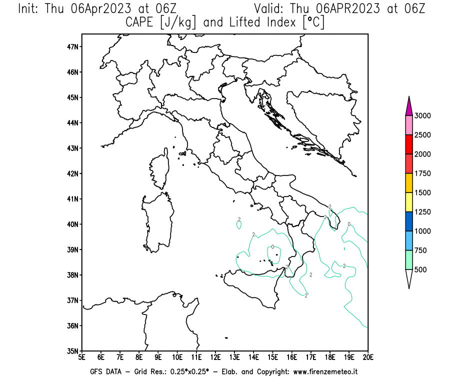 Mappa di analisi GFS - CAPE [J/kg] e Lifted Index [°C] in Italia
							del 06/04/2023 06 <!--googleoff: index-->UTC<!--googleon: index-->