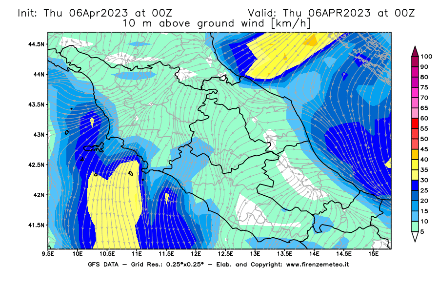 Mappa di analisi GFS - Velocità del vento a 10 metri dal suolo [km/h] in Centro-Italia
							del 06/04/2023 00 <!--googleoff: index-->UTC<!--googleon: index-->