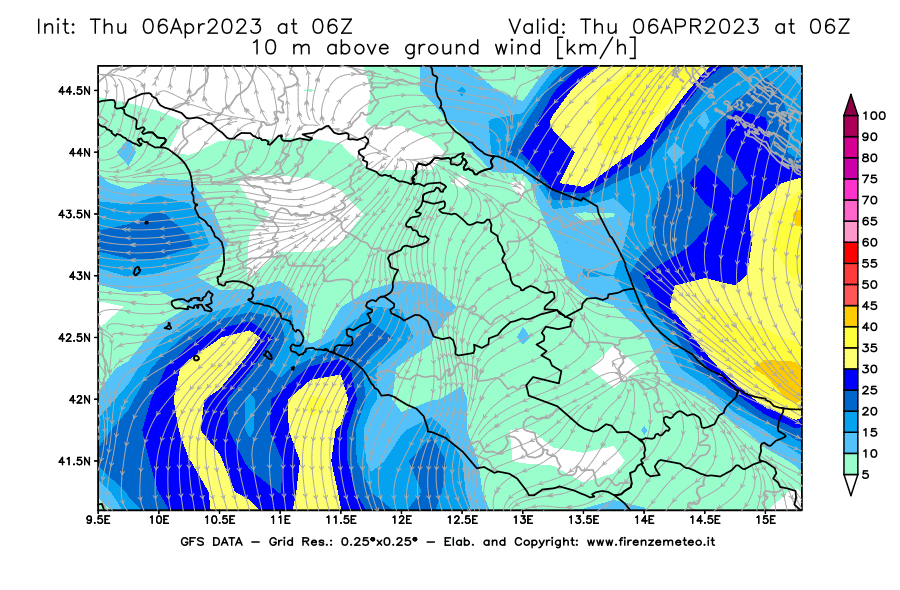 Mappa di analisi GFS - Velocità del vento a 10 metri dal suolo [km/h] in Centro-Italia
							del 06/04/2023 06 <!--googleoff: index-->UTC<!--googleon: index-->